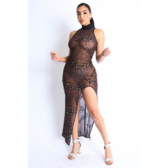 Women's Sleeveless Glittered Mesh Side High Slit Maxi Dress Small Medium Large - Picture 2 of 11